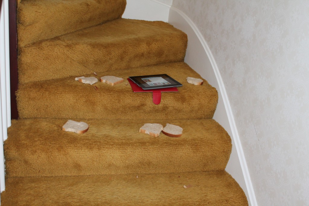 I took Mary upstairs for a reading session while Lydia played the iPad downstairs. Halfway through I heard Lydia scream for cheerios and then realized I'd forgotten to buy those at the store yesterday. I decided to ignore Lydia and keep reading to Mary, and when I opened the door and came downstairs, I found this. Yes, these are the stairs I vacuumed yesterday (and now again today).