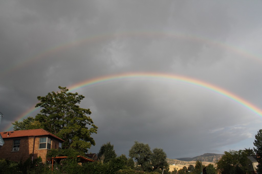 After dinner, I took the girls outside to play. While we were outside, we saw this! The sky is so dramatic in Utah. The first time I saw a rainbow like this here I cried, but today I kept my head about me and ran for my camera.