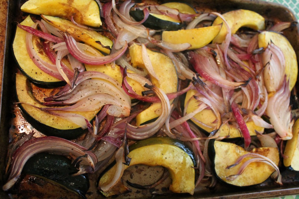 Roasted squash with giant red onions and balsamic vinegar. 