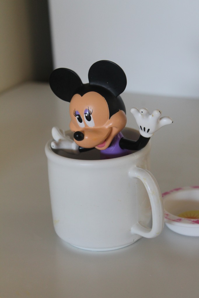 I found this after breakfast. Minnie Mouse was taking a bath in Lydia's water cup.