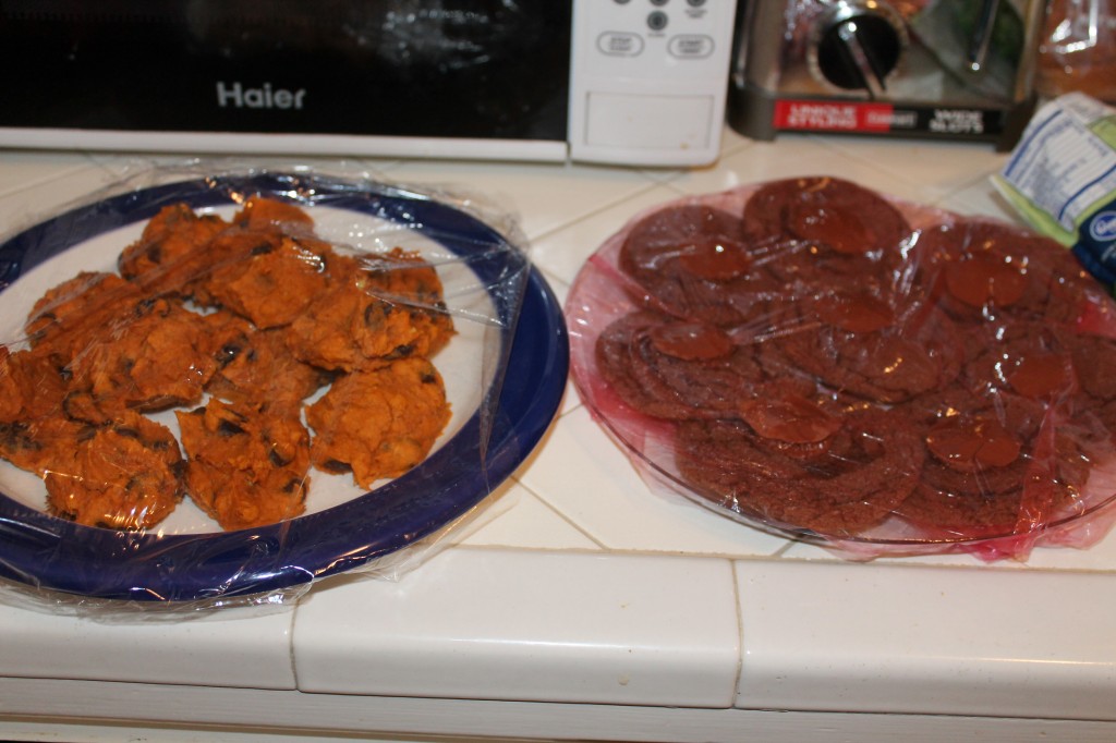 Okay, okay. I know how I complained about how unfair it is that I am still 20 lbs overweight, but maybe it's not that unfair. On the left you will see some pumpkin chocolate chip cookies I made today, and on the right you will see some chocolate cookies Erika brought me. At this moment, wherein I am full of cookies, I truly intend to give the rest away. We'll see what happens tomorrow.