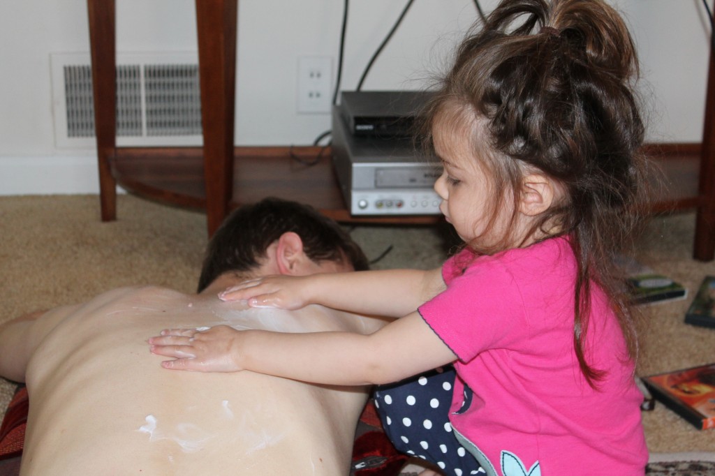 Then she spent the next two talks giving Abe a massage. (I helped.) Her favorite part was pumping more lotion out of the bottle, and by the end, the entire bottle was empty, and Abe's skin is super, ultra moisturized.