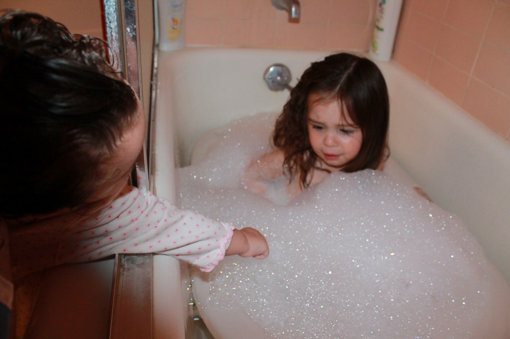 While Abe was dressing Mary, Lydia poured the entire bottle of bubble bath in the bath. Abe decided to let her enjoy the bubbles tonight, but we are not buying her any more bubble bath for the next couple months (according to Abe, who does not do the grocery shopping).