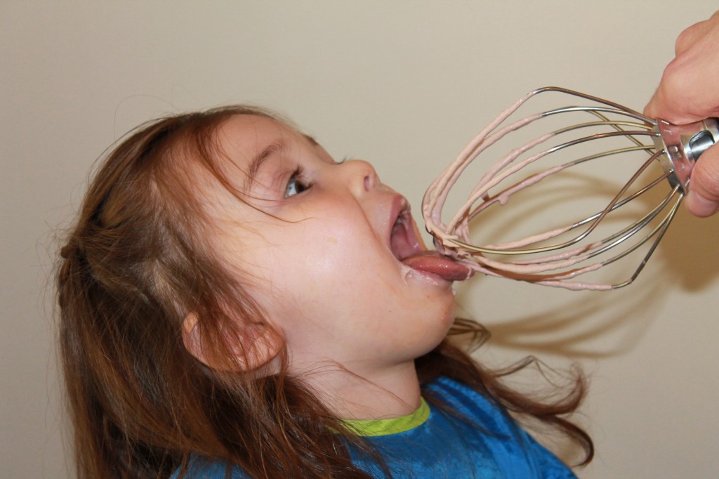 I finished making Mary's birthday cake after church, and Lydia wanted to lick the chocolate hazelnut mousse whip.
