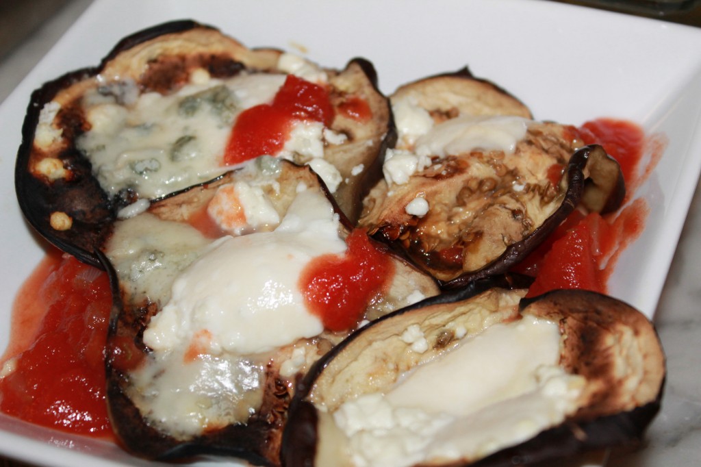 I had high hopes for eggplant dish #2, wherein I simply broiled fresh mozzarella, Gorgonzola, and goat cheese on top of baked rounds of eggplant. I'd spent the day gorging on Gorgonzola, so eating this at the end of the day was just too much.