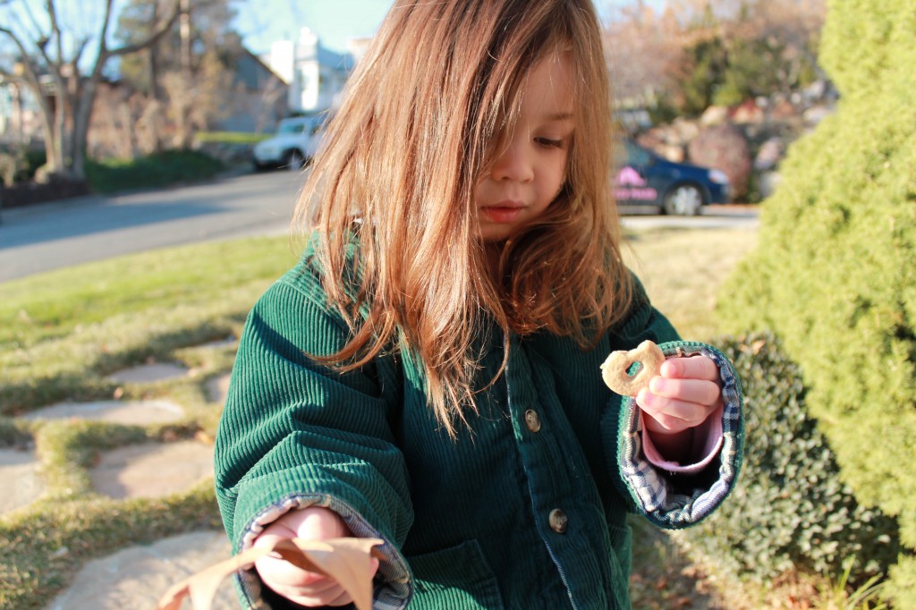 While we were eating, Lydia turned to me and exclaimed, "It's beautiful outside today!" This is Lydia holding her "favorite" leaf and examining an alphabet cookie.