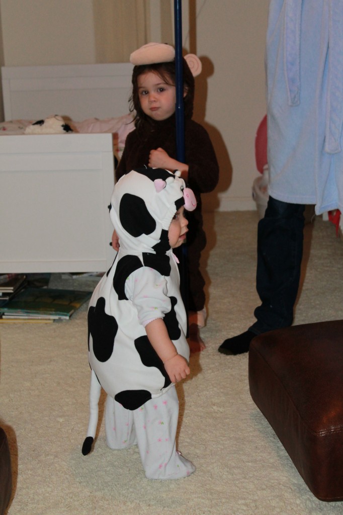 Abe wanted to act out the story of Jericho's walls, but Lydia wanted to dress up in last year's monkey costume. Then we put Mary in Lydia's old cow costume, and Noah's ark it was.