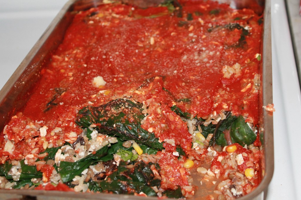 I stuffed chard with lentils, rice, corn, raisins, and Myzithra cheese, and then i covered it all in tomato sauce. I am hoping culinary school will help me figure out how to make stuffed chard attractive; I tried taking pictures of the individual rolls, but they looked too similar to green poop to post.