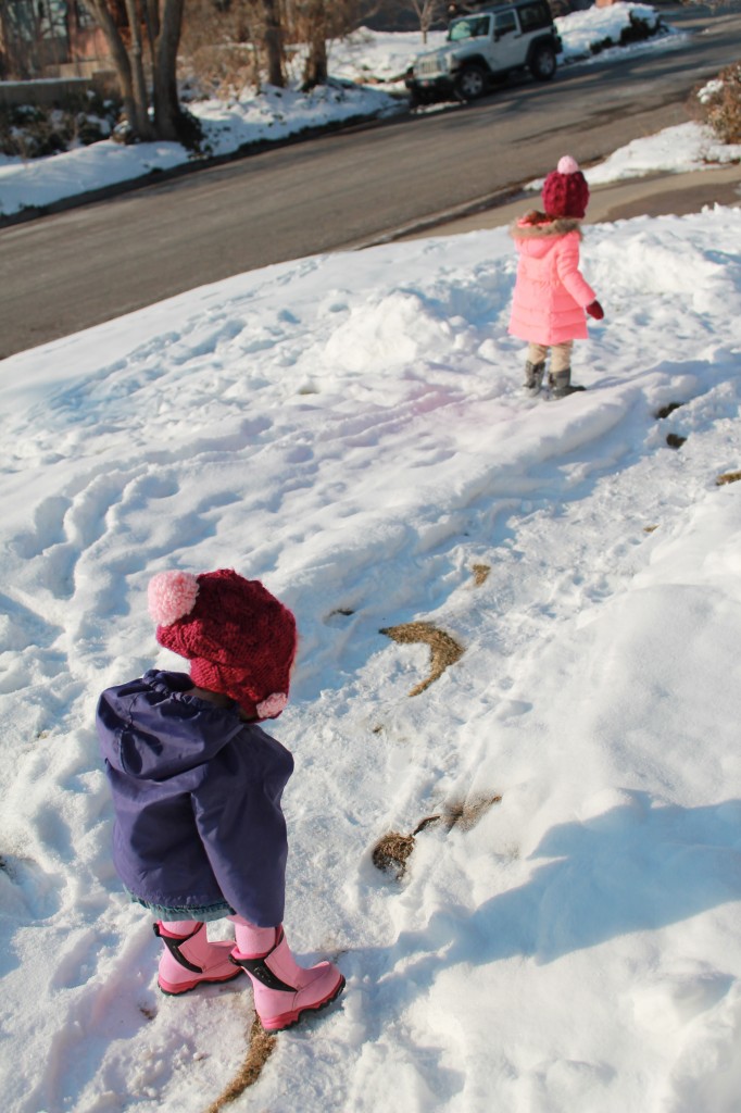 Can you see the beginnings of the snow fort Abe helped them start building? They LOVE it!