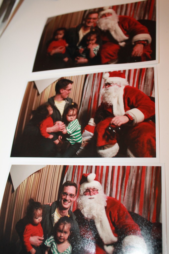 Also, at the Linger Longer after church, we collected the pics of the girls with Santa from the ward Christmas party. Abe took the girls by himself to the party, so this is the first time I've seen these pictures. Note Lydia's finger up her nose. They retook the picture a TON of times before they got the bottom two with her finger out of her nose.
