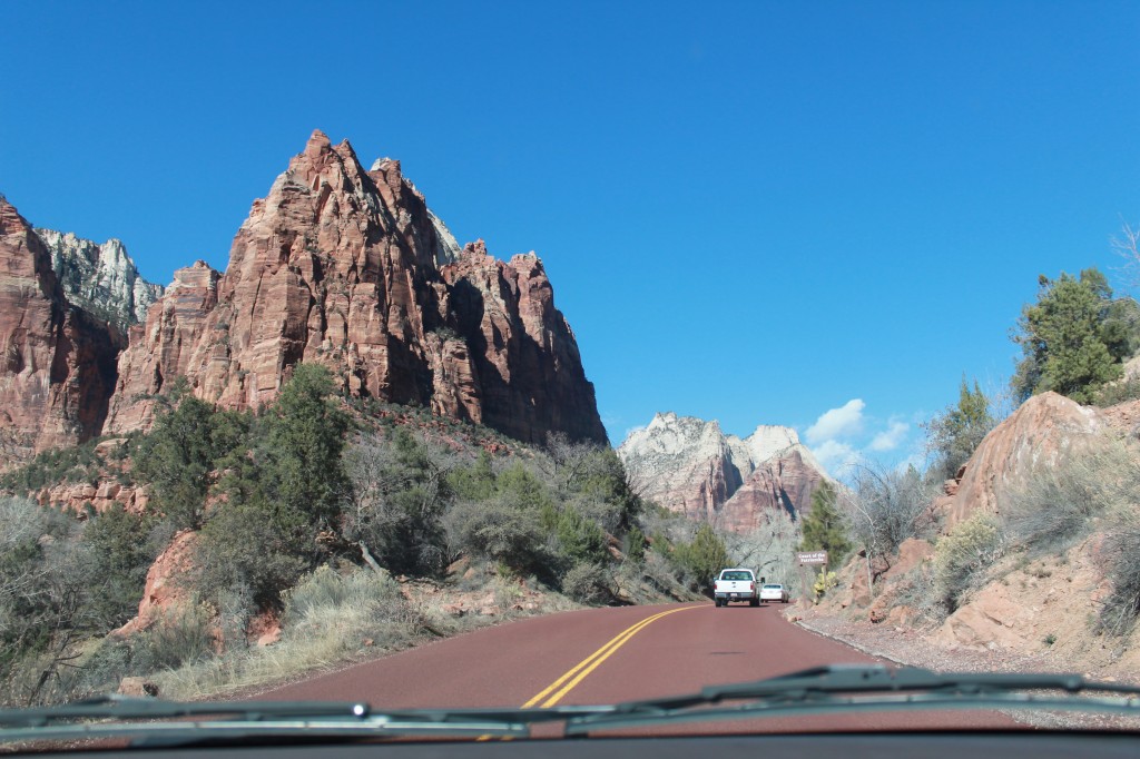 Entering Zion National Park. The pictures do not do it justice at all. The majesty, splendor, and vast scale of the rock formations just took our breaths away.