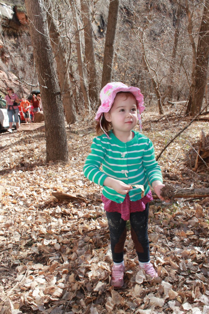 Abe wears an adventure hat, and so Lydia does too. Here she is before hike #1 with a pine cone and leaf.
