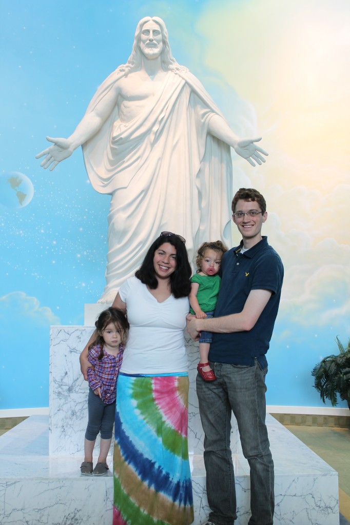 In front of the Christus. Lydia really wanted to touch Jesus' toe.