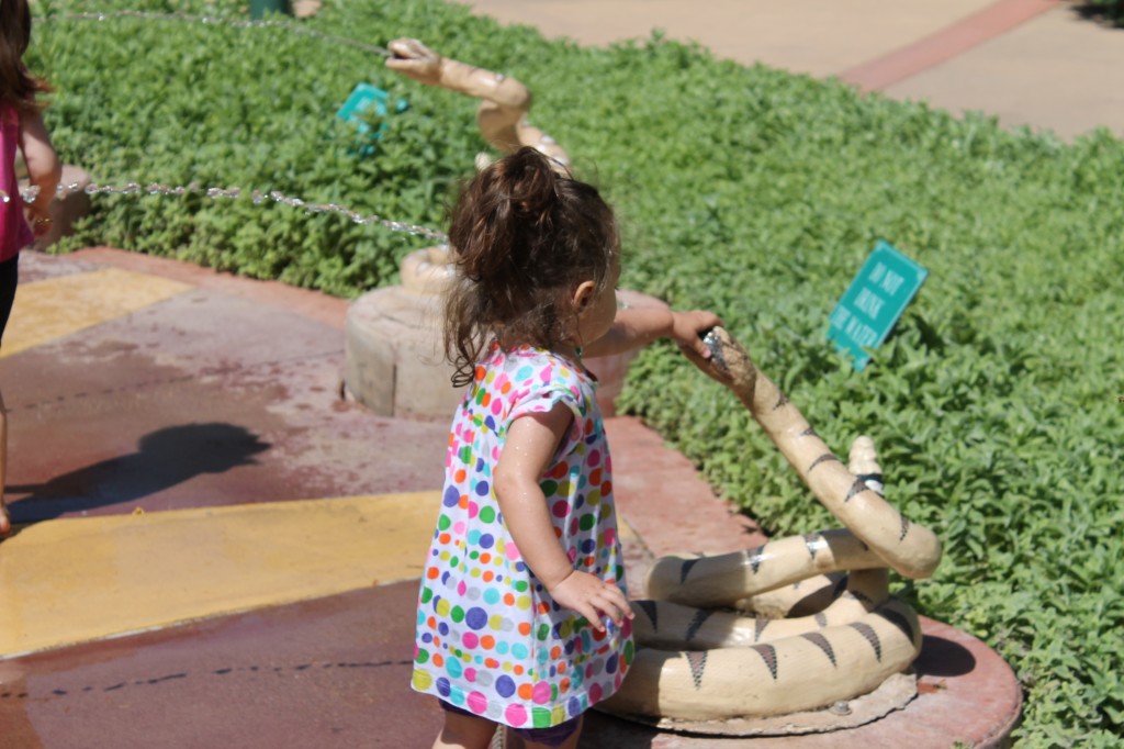 Braving the snake fountain.