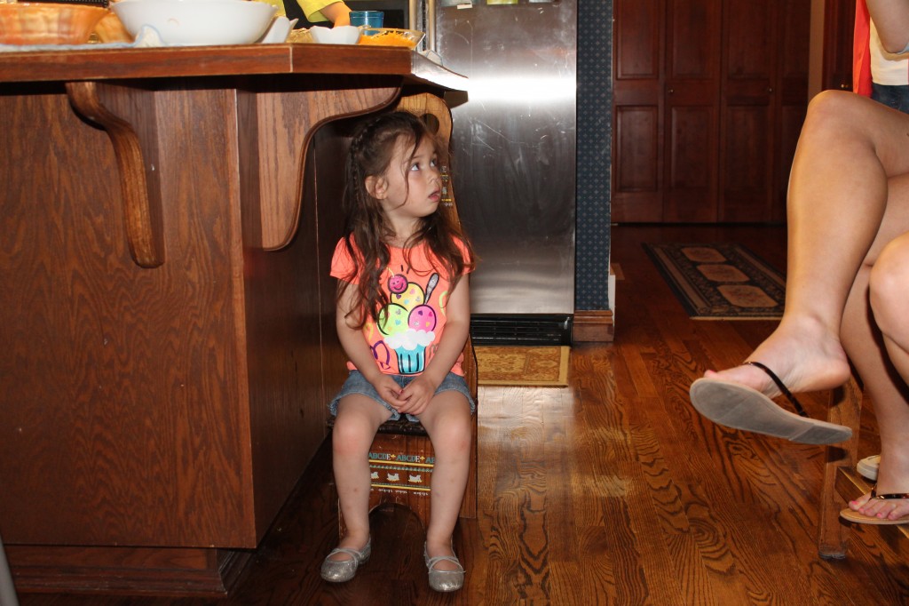 We moved Lydia under the counter so she could see the action.