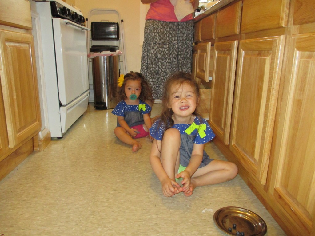The girls have been eating on the floor here. This is right before church.
