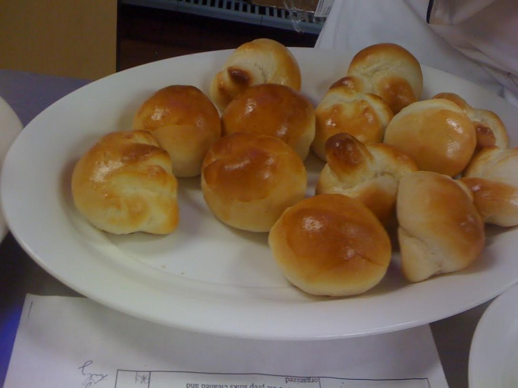 The only thing that I made that kind of came out were these rolls. I was too impatient to wait for the teacher to show me how to knot them, so their shape is wonky.