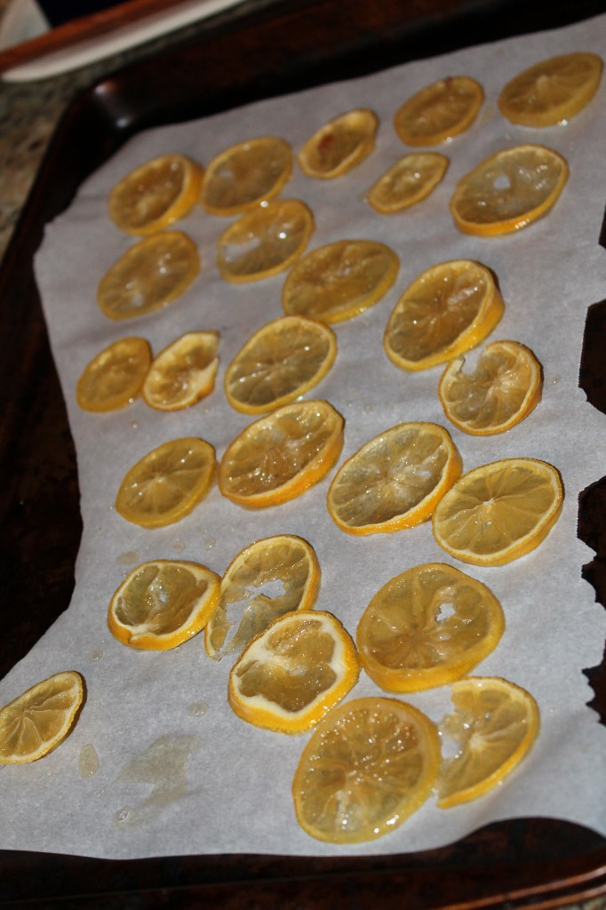 Candied lemons. I think I stand unevenly on my feet and therefore make uneven knife cuts. One of my chefs noted that I cut on an angle, and you can really see that in these lemons.