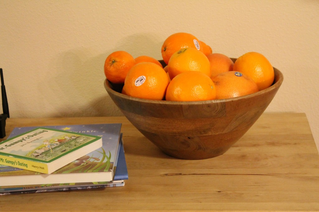 I took a picture of the fruit bowl because Mary has undergone a MAJOR growth spurt thanks to the seasonality of cuties and oranges. She has literally eaten her weight in these since the season started. I filled this bowl higher than this last Saturday, and it was completely gone by Monday morning. Nothing, nada, niente left in the bowl. Thanks, oranges, for helping my baby grow!