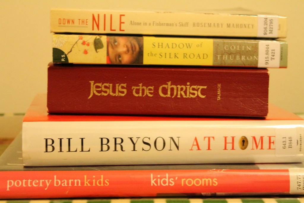 I have gotten out of the habit of reading, and so we went to the library today and I checked out some books. Well, I put Jesus the Christ in that pile because I have been reading it since October as part of our old ward's goal to read the whole thing by April. The rest are on my wishlist for things I would like to read in the next month. At the rate I have been going, that might actually take me through June, but we'll see.