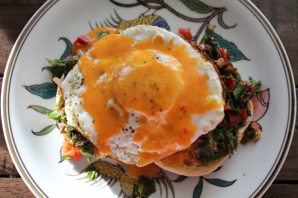 I made eggs Benedict with chard and red-pepper-saffron hollandaise sauce. I found the sauce too thin, but Abe professed to enjoy it. 