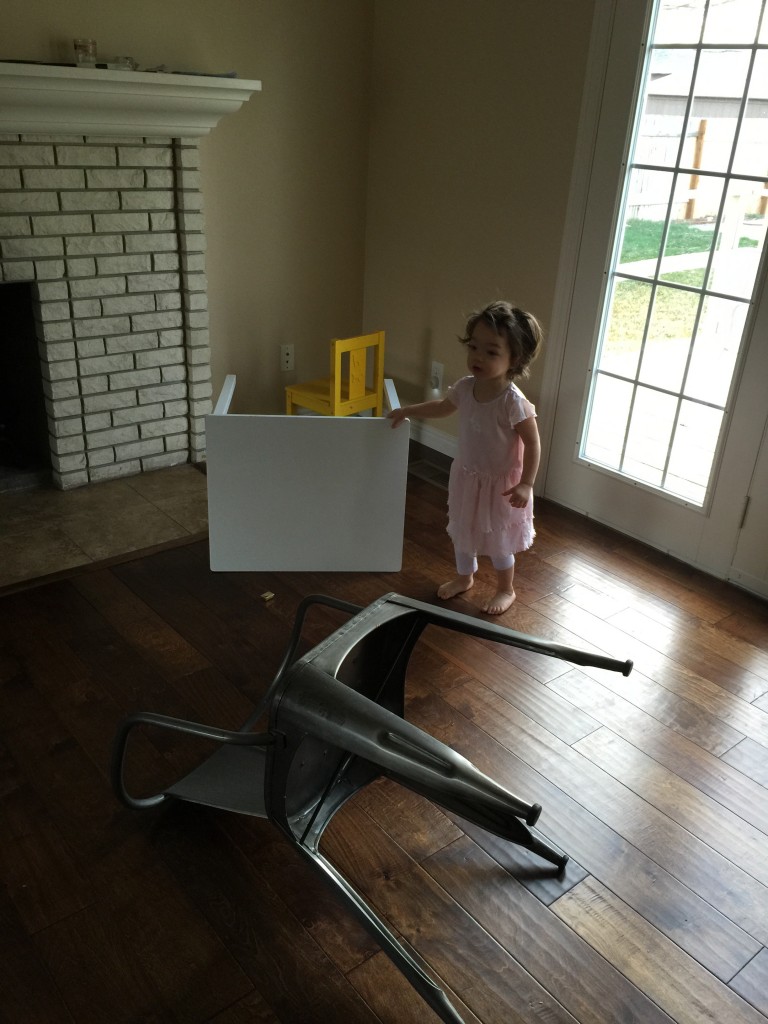 Mary's first instinct was to pick up the overturned furniture. She is our tidy child.