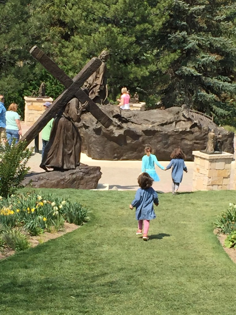 Running toward the statue garden. Since Thanksgiving Point is privately opened by an LDS person, he installed a series of statues depicting Christ. They are all beautiful. I took pictures of almost all of them because someone in Abe's class on Sunday references one of the statues, and I wanted Abe to see them.