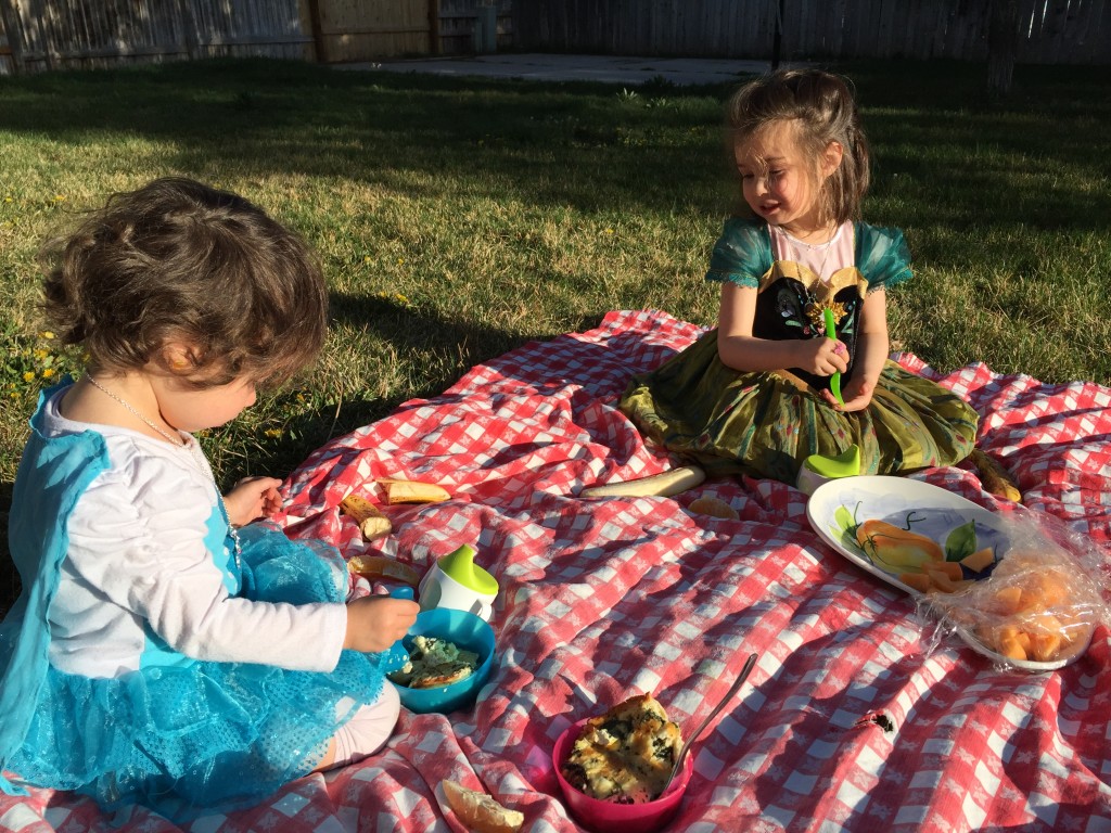 They had a picnic outside. Before that, they dressed up in their Frozen dresses and watched Frozen with Abe.