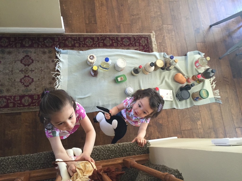 Earlier in the day, the girls made a picnic while I read my book. I took this picture and then quickly rescued my mom's shawl (the picnic blanket).