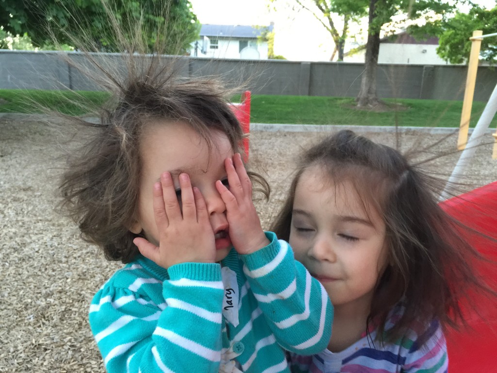 The girls had fun going down the slide. Abe had fun taking pictures of their static-charged hair.