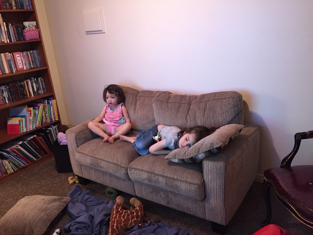 I snuck to the basement and took a picture of the girls in their TV trances. I should have firmly hurried them up to bed, but it seemed like too much work. So I'm blogging instead. As soon as I hit "publish," I'll try again.