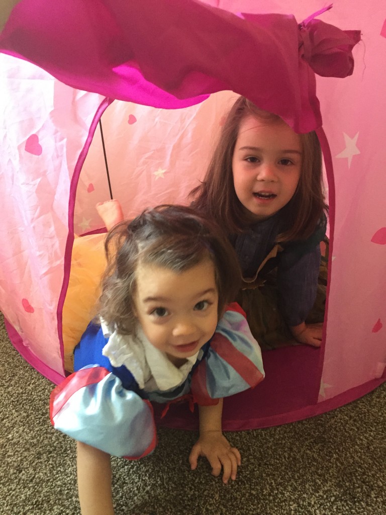 The girls played princess in their princess tent this morning. There were mild hysterics when I announced we were going to the gym so I could swim. They would have preferred to stay in the tent for hours.