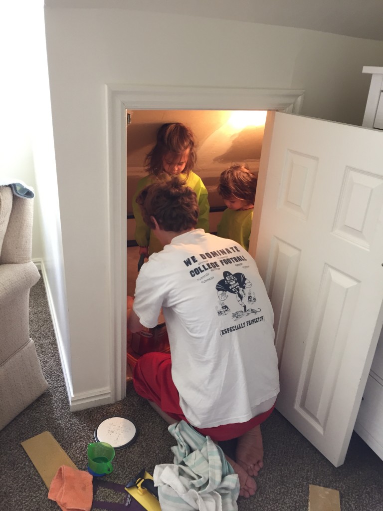 Abe let the girls help paint the ceiling of one of the closets this morning. They had a blast.