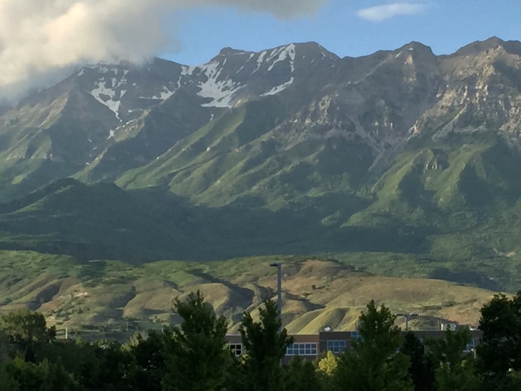 I am in love with Mt. Timpanogos. This is the view from one end of the trail, but I can see it from my bed and spend too much time staring at it. Right now it has everything: Greenery, rocky tops and snow against that blue-blue sky.