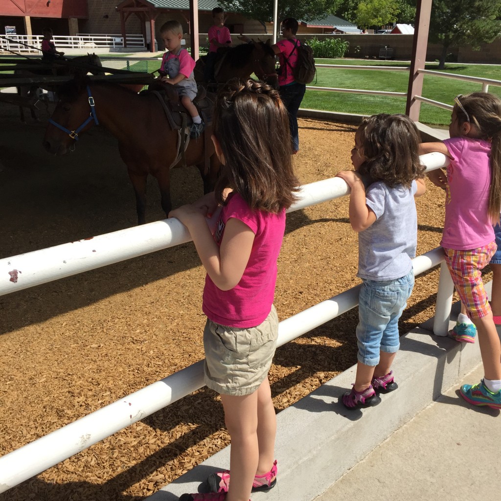The girls took a pony ride. I was hanging on to Mary the whole time to make sure she didn't tumble off, but I got a picture of them waiting in line.