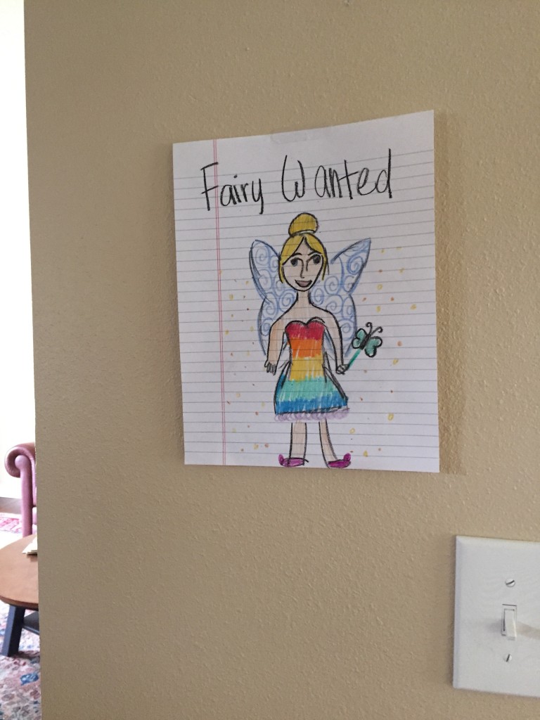 Lexi babysat the girls while I swam and did groceries. When I came back, there were "fairy wanted" signs all over the house. The girls had been hunting fairies the entire time.