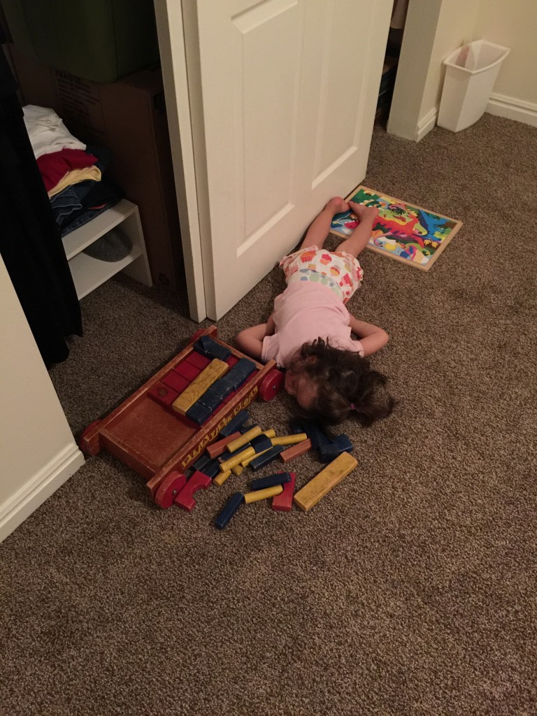 Last night we took this picture. Mary does not know how to fall asleep in her bed without her binky, so we just let her play with puzzles and blocks until this happens.