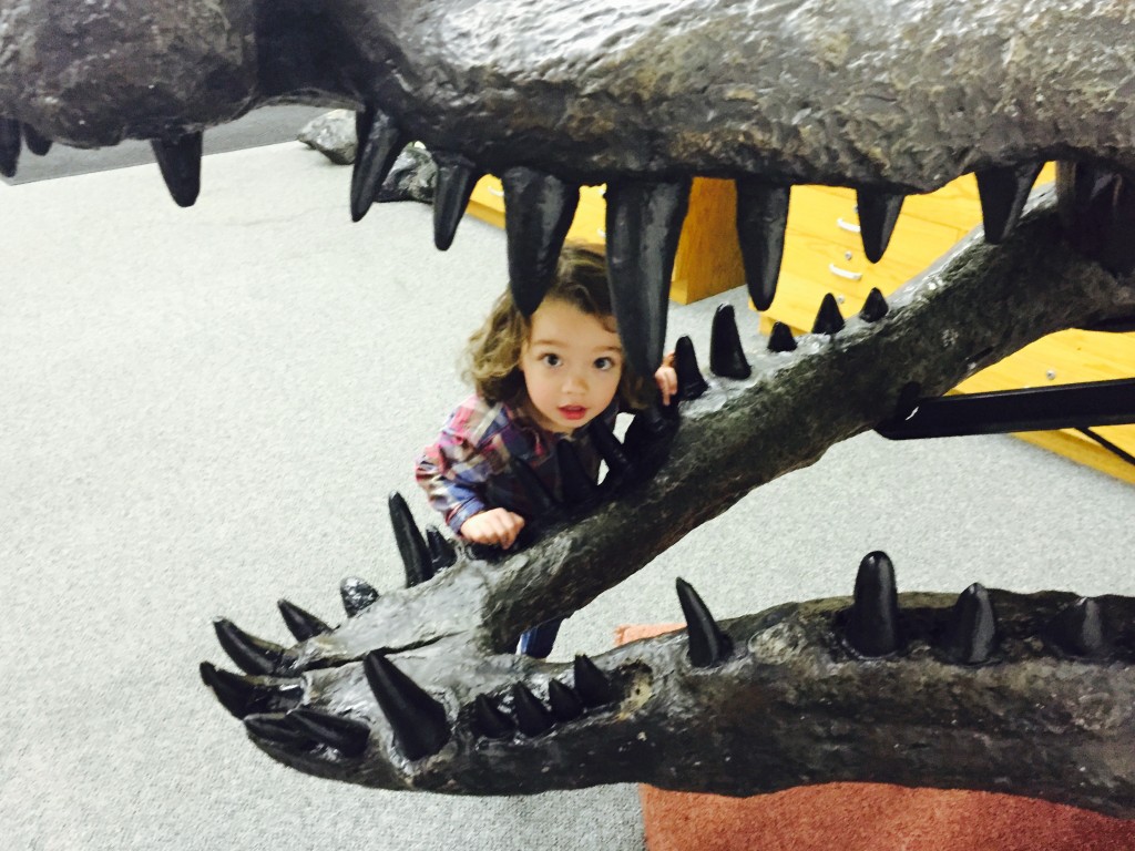 Mary is a little wary about sticking her head between these fearsome jaws.