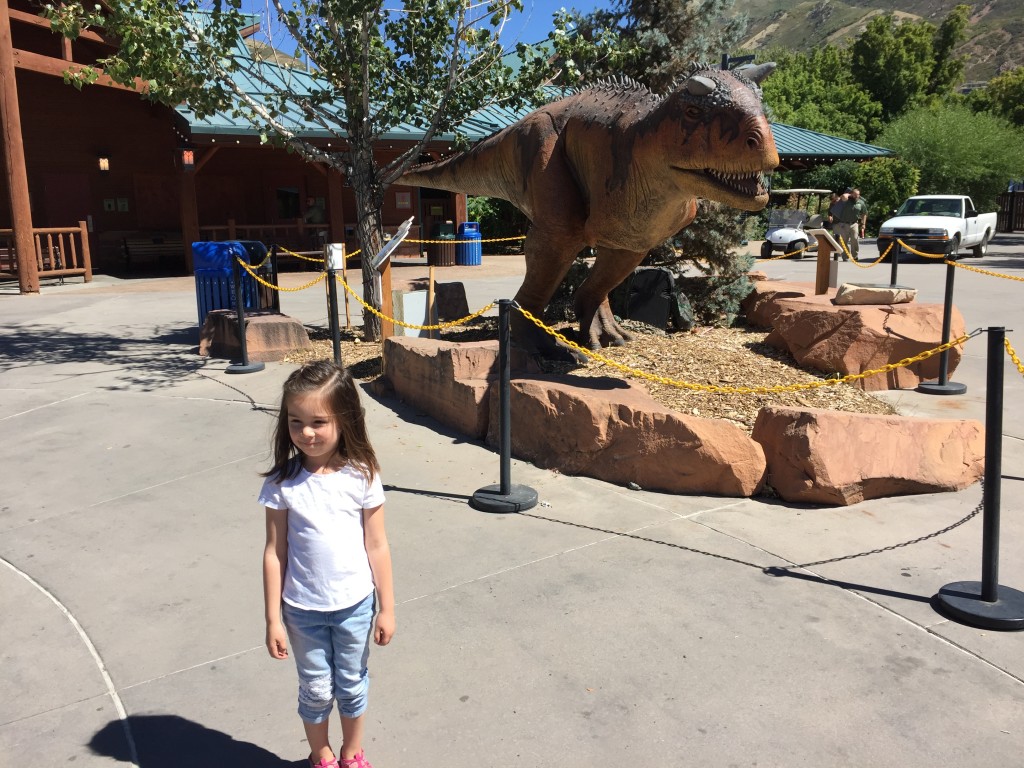 The first dinosaur we saw! Mary was terrified and wanted nothing to do with the big dinosaurs.