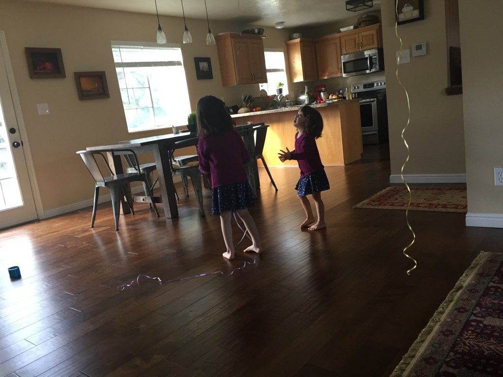 Playing with balloons.