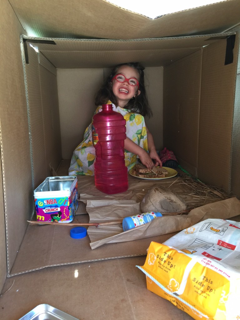 The girls ate lunch outside in their "cat house" that Abe built them out of boxes. 